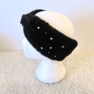 Faux Fur Twisted Headband With Pearl Accents
